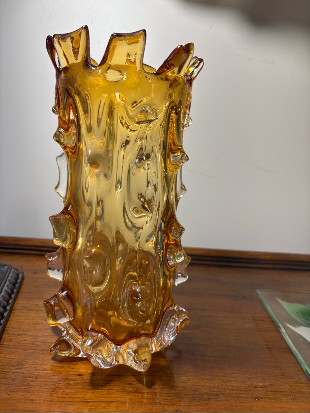 Large Amber Art Glass Brutalist Mugnoni Style Spiked Vase